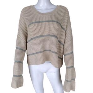 Moon and Madison Crop Sweater Woman‎ L Striped Beige Autumn Relaxed Crew Neck